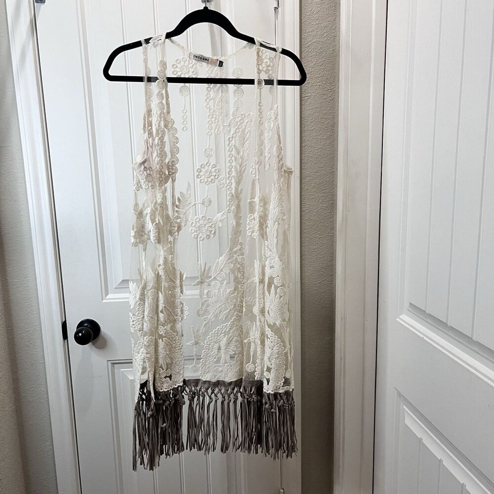 Origami by Vivien Duster Open Cardigan Embroidered Lace Sleeveless Fringe M/L